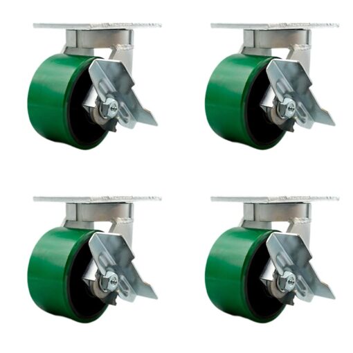 Extra Heavy Duty Kingpinless 6” x 3” Green Polyurethane Tread on Metal Core Caster Set of 4-2 Swivel w/Brakes & Bolt on Swivel Locks/2 Swivel with Brakes - 8,000 lbs. Total Capacity-Service Caster 6" Wheel 4 Swivel w/4 Brakes & 2 Swivel Locks