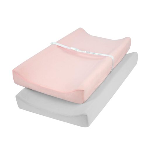 TILLYOU Changing Pad Cover Set in Soft Jersey Material - Fits 32"/34''x16" Contoured Pad for Babies,Peachy Pink & Lt Gray 2 Piece Assortment 2-pack Peachy Pink & Lt Gray