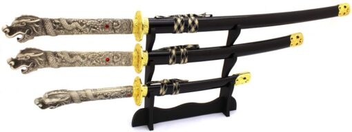 Snake Eye Tactical Highlander Dragon Design Handle Samurai Katana Triple Sword Set w/ Sword Stand Black & Gold