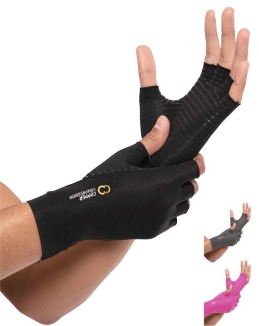 Copper Compression Arthritis Gloves | Fingerless Arthritis Carpal Tunnel Pain Relief Gloves For Men & Women | Hand Support Wrist Brace For Rheumatoid, Tendonitis, Swelling, Crocheting, Typing (M) Black Medium (1 Pair)