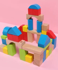 Alternative view of Maple Wood Kids Building Blocks by Hape | Stacking Wooden Block Educational Toy Set for Toddlers, 50 Brightly Colored Pieces in Assorted Shapes and Sizes