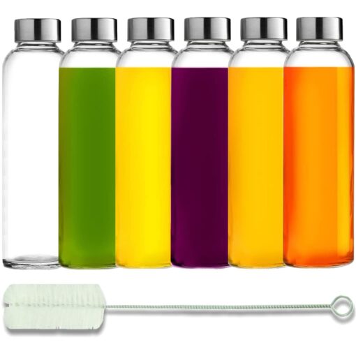 Brieftons Glass Water Bottles With Caps: Clear, 6 Pack, 18 Oz, Leakproof Lids, Premium Soda Lime, Best As Reusable Drinking Bottle, Sauce Jar, Juice Beverage Container, Kefir Kit, With Cleaning Brush