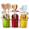 ienjoyware Kitchen Utensil Holder Set (4 Pieces) - 3 Ceramic Crocks & 1 Portable Wire Caddy - Multi-Color Multicolor 23 51CAmXM0VGL 1