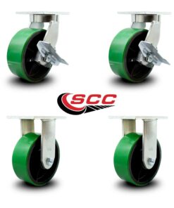 Alternative view of Extra Heavy Duty Kingpinless 8” x 3” Green Polyurethane Tread on Metal Core Caster Set - 2 Swivel with Brakes/2 Rigid - 10,000 lbs. Total Capacity - Service Caster Brand - Set of 4 8" Wheel 2 Swivel w/2 Side Lock Brakes - 2 Rigid