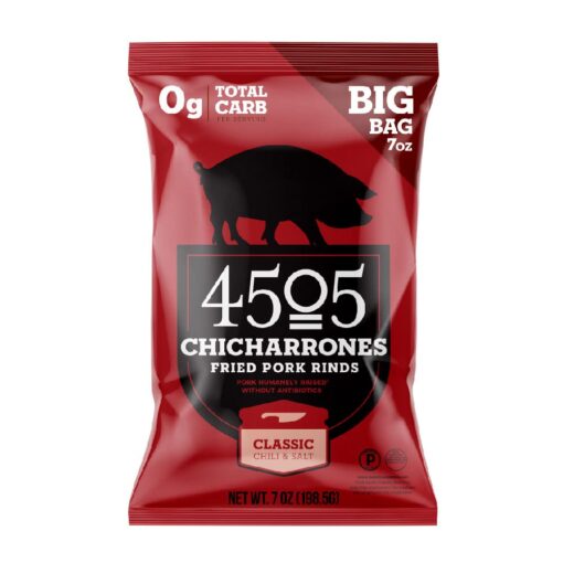 4505 Meats Classic Chili & Salt Pork Rinds, Gluten Free Chicharrones, Keto Certified, Family Size Bag, 14 Servings, 7 Ounces