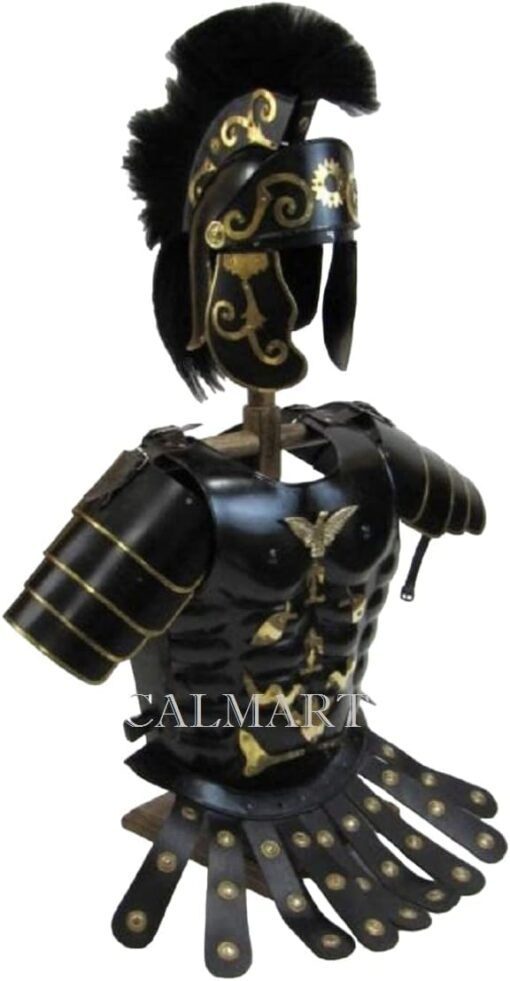 NauticalMart Roman Armour Black Muscle Cuirass Set With Shoulders and Helmet With Plume Halloween Costume