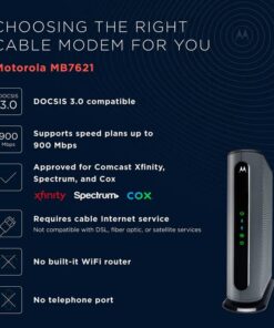 Motorola MB7621 Cable Modem | Pairs with Any WiFi Router | Approved by Comcast Xfinity, Cox, and Spectrum | for Cable Plans Up to 900 Mbps | DOCSIS 3.0 DOCSIS 3.0 (1 Gbps Ethernet Port) 31 51Ep0Hlo8jL