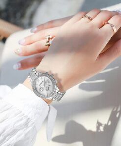 FANMIS Luxury Unisex Pave Floating Crystal Diamonds Calendar Digital Quartz Watch Business Dress Watch Luminous Pointer with Stainless Steel Link Bracelet silver 25 51EyRtZcvnL