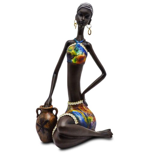 Rockin Statue African Figurine Sculpture Colorful Dress Sitting Lady Figurine Vase Statue Decor Collectible Art Piece 10.5" Inches Tall - Flower Dress Tropical