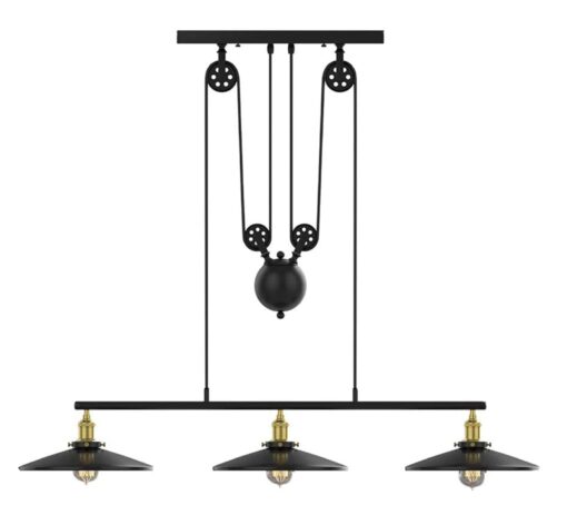 WINSOON 3 Light Industrial Pendant Light, Pulley Pool Table Light Fixture Billiard Light, Retro Steampunk Hanging Lamp, Adjustable Vintage Kitchen Island 3-Head Lights, Matte Black Painted 3 Pack