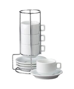HIC Kitchen 9-Piece Stackable Espresso Coffee Set, Fine White Porcelain, 4 (4-Ounce) Cups with Matching Saucers and Metal Stand, Gift Boxed 17 51GLY9bmAHL