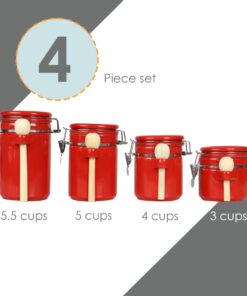 Canister Sets For The Kitchen (4 Piece Set) Red, High Gloss Ceramic | By Home Basics | Decorative | With Wooden Spoons, Countertop Set For Flour, Sugar, Coffee, and Snacks 24 51HBvoSfucL