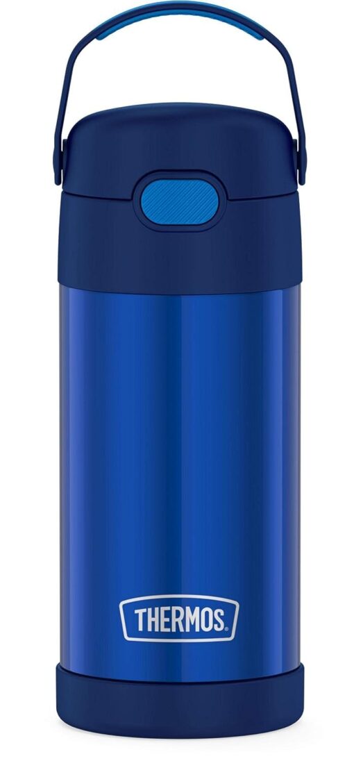 THERMOS FUNTAINER 12 Ounce Stainless Steel Vacuum Insulated Kids Straw Bottle, Blue Solid Color