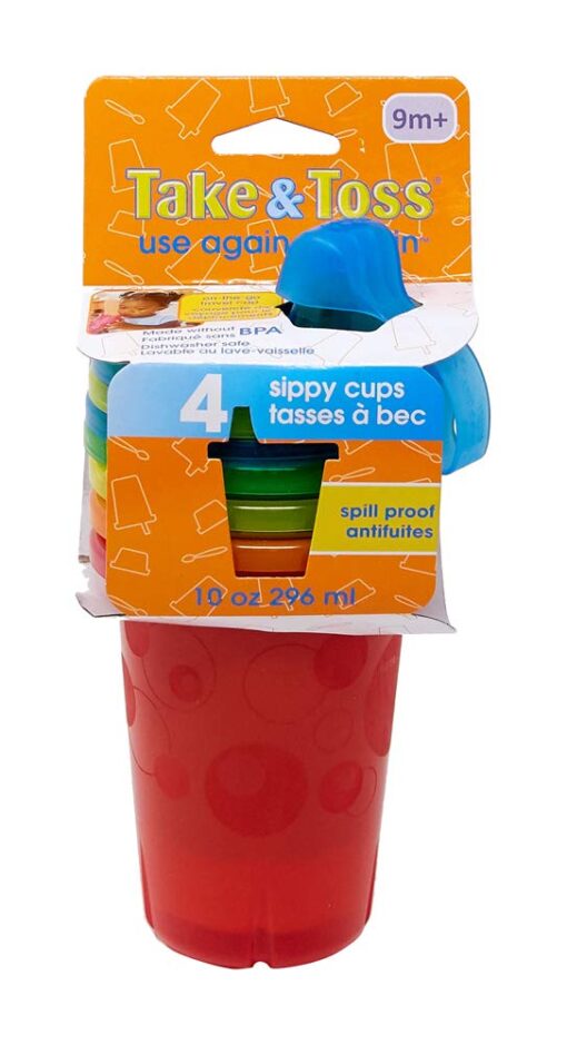 The First Years Take & Toss Spill Proof Sippy Cups - Reusable Toddler Cups - Rainbow - Kids Cups and Snap On Lids for Ages 9 Months and Up - 4 Count Classic Rainbow