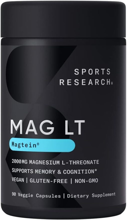 Sports Research Magtein Magnesium L-Threonate Capsules - Magnesium Supplement for Memory, Focus & Cognition - Magnesium L Threonate Supports Brain Health, Sleep & Mood - 2000mg, 90 Capsules for Adults 90 Count (Pack of 1)