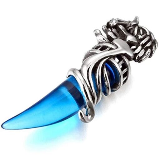 Men's Stainless Steel Pendant Necklace Crystal Silver Blue Wolf Tooth Tribal-with 23 Inch Chain