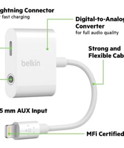 Belkin RockStar Lightning Audio Cable and Charger for iPhone 14, 13, 12, 11, 10 - White 3.5MM Audio + Lightning Charge Lightning Connector 17 51IfHjr n1L