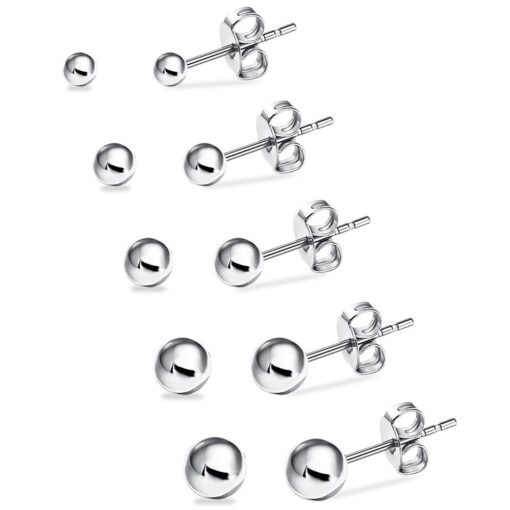 UHIBROS Hypoallergenic Studs Earrings 316L Surgical Stainless Steel Earrings Round Ball Earring for Women Men 5 Pairs Assorted Sizes(4mm-8mm) Sliver