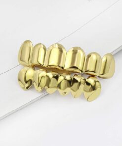 TOPGRILLZ Gold Grills for Your Teeth 18K Gold Plated Hip Hop Custom Fit Polished Teeth Grillz for Men and Women with 4 Silicon Molding Bars Rapper Costume Gold 6 Fangs 21 51LOv7UgYeL