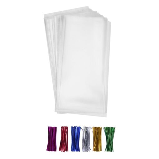 200 Clear Treat Bags 5x11 with Twist Ties 6 Mix Colors - 1.4mils Thickness OPP Plastic Poly Gift Bags (5'' x 11'') 5'' x 11''