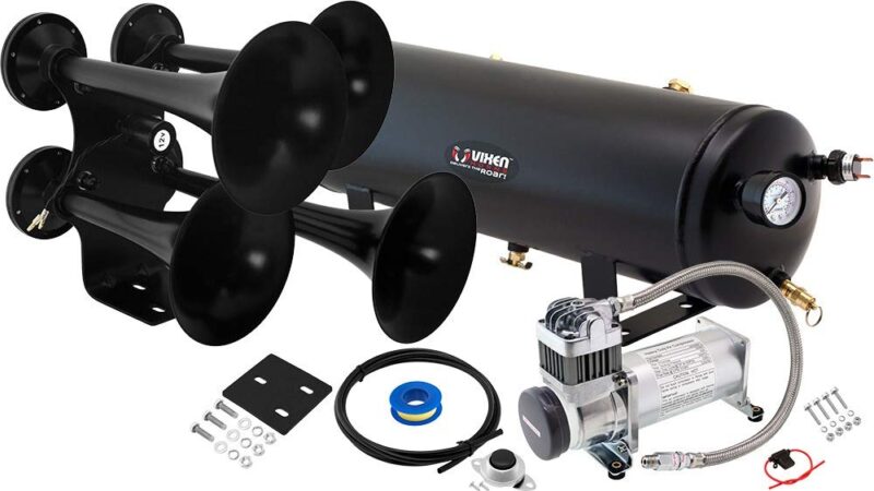 Vixen Horns Train Horn Kit for Trucks/Car/Semi. Complete Onboard System- 200psi Air Compressor, 3 Gallon Tank, 4 Trumpets. Super Loud dB. Fits Vehicles like Pickup/Jeep/RV/SUV 12v VXO8330/4318B