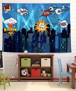Superheroes Theme Party Photography Backdrop with Prop, Flag & Mask. Super Hero Cityscape Photo Booth Background for Kids Party, Birthday Wall Decorations 4*5.5 feet 19 51UE28wdyDL