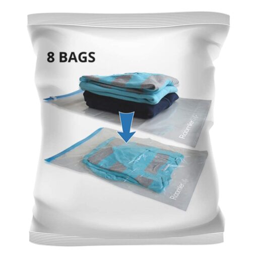 RoomierLife 8 Travel Space Saver Bags. Pack of 8 Bags, size Medium to Large. Roll-Up Compression Storage (No Vacuum Needed) & Packing Organizers. Perfect for Travel and Home Storage Travel Space Bags