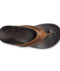 Alternative view of OLUKAI Mea Ola Men's Beach Sandals, Premium Leather Flip-Flop Slides, Compression Molded Footbed & Comfort Fit, Laser-Etched Design 10 Tan/Dk Java