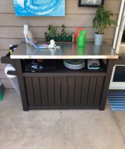 Keter Unity XL Outdoor Kitchen Island Rolling Cart Bar Table & Storage Cabinet, Grill Station with Utensil Hooks for Grilling Accessories, Brown Table and Cabinet 37 51b7f4xdsAL