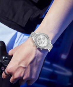 FANMIS Luxury Unisex Pave Floating Crystal Diamonds Calendar Digital Quartz Watch Business Dress Watch Luminous Pointer with Stainless Steel Link Bracelet silver 24 51c6P4nrL