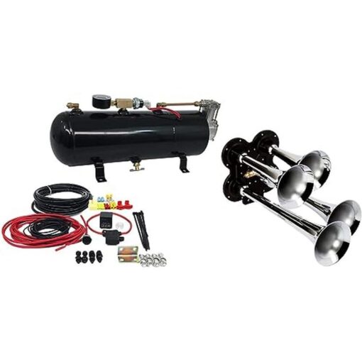 MPC 4 Trumpet Train Air Horn Kit - Fits Almost Any Vehicle: Truck, Car, Jeep, SUV. Includes Four Chrome Trumpets with All-In-One Air System: 110 PSI, 12-Volt Air Compressor, Tank, & More. Complete Kit