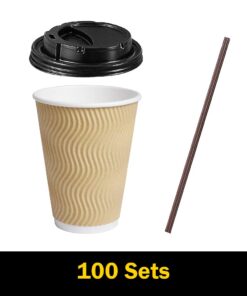 SPRINGPACK Disposable Paper Coffee Cups with Lids, 100 pack 12 oz Ripple Wall Insulated To Go Coffee Cups for Hot/Cold Beverage, Recyclable Takeaway Drinking Cups for Home Office Cafe Party 34 51dr0ZBgvYL