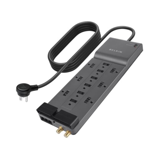 Belkin Power Strip Surge Protector - 12 AC Multiple Outlets & 8 ft Long Flat Plug Heavy Duty Extension Cord for Home, Office, Travel, Computer Desktop, Laptop & Phone Charging Brick (3,940 Joules) 12 Outlet Strip + Cable & Phone protection