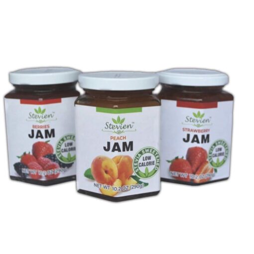 Stevien Jam No Added Sugar - 3 Jars - Keto and Diabetic Friendly, Vegan, Gluten Free, Made with Real Fruit - Sweet Strawberry, Peach, and Mixed Berry Jam Sweetened with Organic Stevia Peach, Strawberry, And Mixed Berry 10.58 Ounce (Pack of 3)