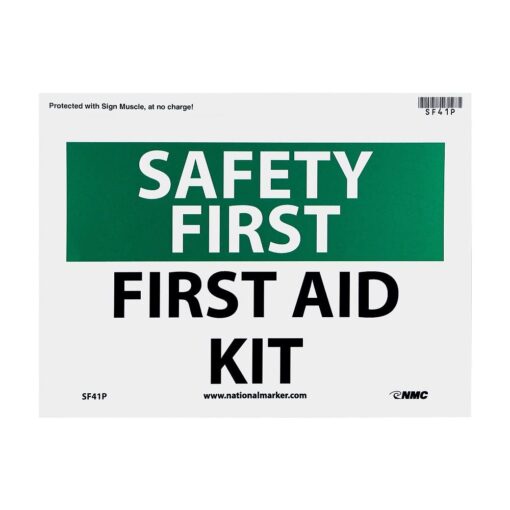 NMC SF41P OSHA Sign, "SAFETY FIRST FIRST AID KIT", 10" Width x 7" Height, Pressure Sensitive Vinyl, Green/Black on White