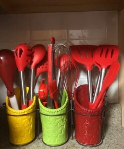 ienjoyware Kitchen Utensil Holder Set (4 Pieces) - 3 Ceramic Crocks & 1 Portable Wire Caddy - Multi-Color Multicolor 17 51kYj461SGL 1