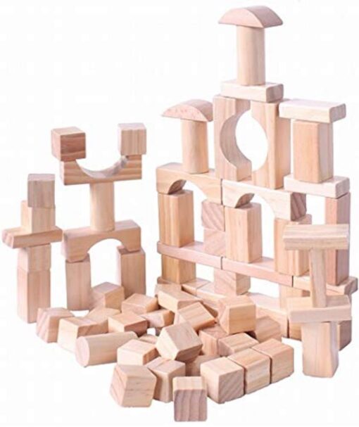 Oojami Wooden Building Blocks Set - 120 Blocks in 6 Shapes w/a Carrying Storage Bag (Natural)