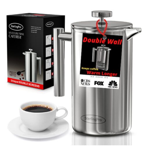 SterlingPro French Press Coffee Maker (1L)-Double Walled Large Coffee Press with 2 Free Filters-Enjoy Granule-Free Coffee Guaranteed, Stylish Rust Free Kitchen Accessory-Stainless Steel French Press 1 L Mirror Finish