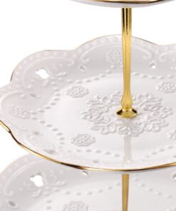 BonNoces 3-Tier Porcelain Embossed Cupcake Stand - Pure White Rimmed with Gold Dessert Cake Stand - Pastry Serving Tray Platter for Tea Party, Wedding and Birthday 26 51nN5Pwl6L