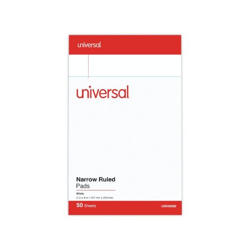 Universal Perforated Ruled Writing Pads, Narrow Rule, Red Headband, 50 White 5 x 8 Sheets, Dozen