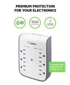 Belkin 6-Outlet Wall Surge Protector w/ 2 USB Ports - Wall Mountable w/ Premium Protection Against Surges - Safe Charge for Mobile Devices, Tablets, Small Appliances, & More - 900 Joules of Protection Wall Mount 6-Outlet with USB Power Strip 26 51p1iA3bKxL 1
