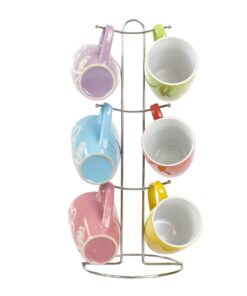 Home Basics 6 Piece Daisy Floral Ceramic 11 Ounce Mug Set For Coffee, Tea, Hot Chocolate etc. with Display Stand Multi color 12 51pBhvu9pQL