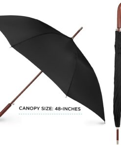 Totes Eco Auto Open Umbrella Classic Wooden J Stick Handle with Easy Grip - Windproof, Rainproof and Durable Canopy Design – Versatile Travel, Perfect for Rainy Days Beige 12 51q0d em L