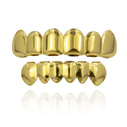 TOPGRILLZ Gold Grills for Your Teeth 18K Gold Plated Hip Hop Custom Fit Polished Teeth Grillz for Men and Women with 4 Silicon Molding Bars Rapper Costume Gold 6 Fangs