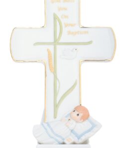 Precious Moments, God Bless You On Your Baptism, Bisque Porcelain Cross With Stand, Boy, 834020