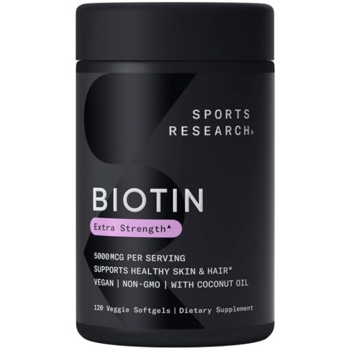 Sports Research Vegan Biotin 5000mcg with Organic Coconut Oil - Extra Strength Biotin Vitamin B7 for Healthier Hair & Skin + Keratin Support - Non-GMO & Gluten Free, 120 Softgels (4 Month Supply) 120 Count (Pack of 1) 5,000mcg