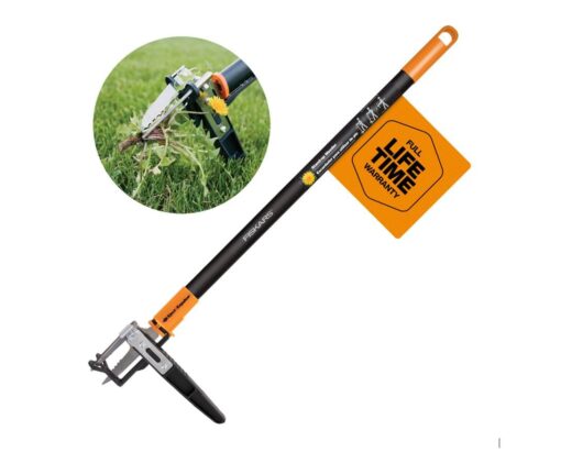 Fiskars 3-Claw Stand Up Weeder - Gardening Hand Weeding Tool with 39" Long Ergonomic Handle - Black/Orange