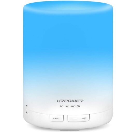 URPOWER 2nd Gen 300ml Aroma Essential Oil Diffuser Night Light Ultrasonic Air Humidifier with AUTO Shut Off and 6-7 Hours Continuous Diffusing - 7 Color Changing LED Lights and 4 Timer Settings A-white