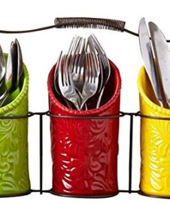 ienjoyware Kitchen Utensil Holder Set (4 Pieces) - 3 Ceramic Crocks & 1 Portable Wire Caddy - Multi-Color Multicolor 16 51upVK6wxtL