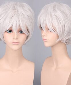 GOOACTION Male Short Straight Fluffy Silver White Bangs Wig for Men Anime Cosplay Costume Synthetic Hair Wigs